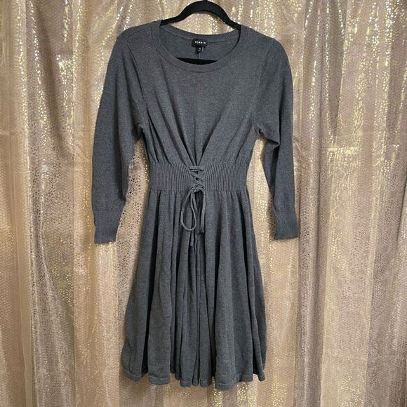 torrid Dresses & Skirts - Torrid Charcoal Gray Mini Sweater Long Sleeve Lace-Up Dress, 00 M/10